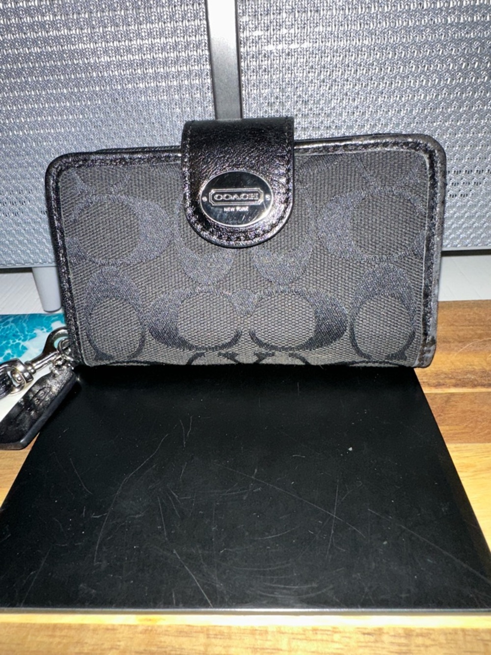 COACH Black Signature Canvas Wristlet Phone Case with Logo Snap